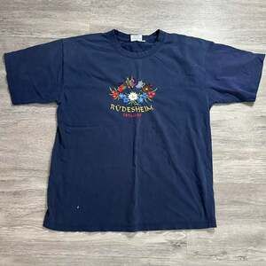 Vintage Rudesheim Germany Embroidered T-Shirt Navy Blue Size L